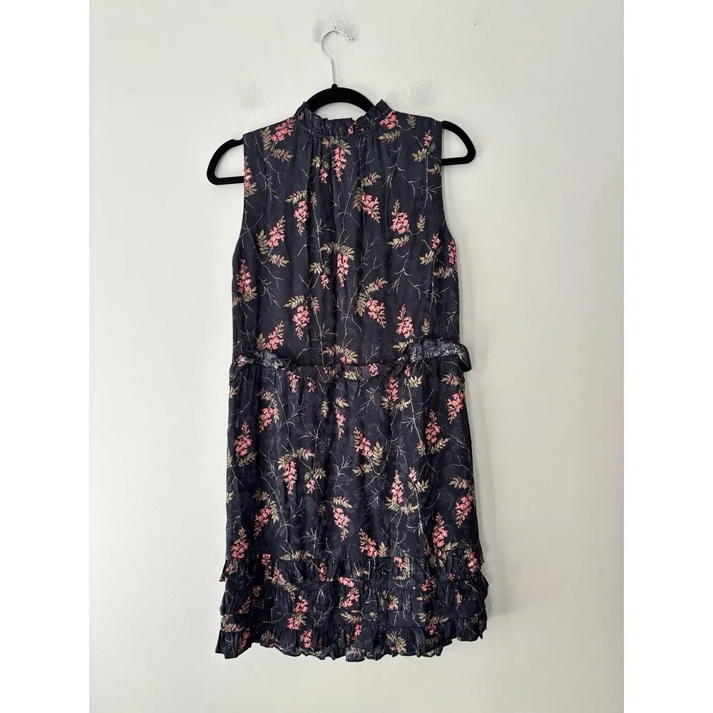 REBECCA TAYLOR Ivie Floral Ruffle Silk Blend Dress In Navy Combo Size 4‎